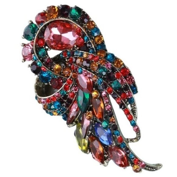 2/$24 Colorful Crystal Multicolored Feather Brooch Pin Rhinestones NWT - Picture 1 of 8